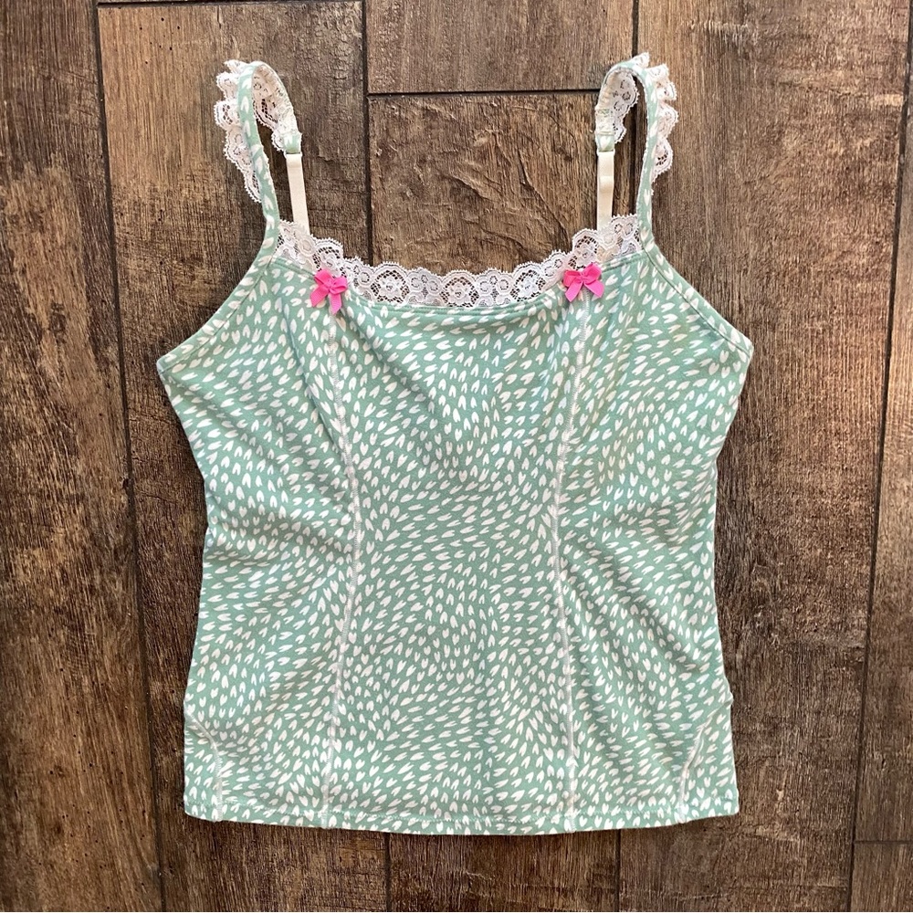 y2k vintage betsey johnson green & white heart lacy cami with mini pink bows